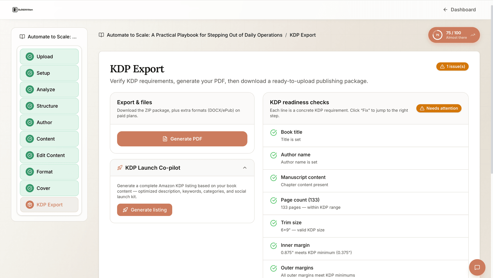 Built&Written KDP Export screen running automated readiness checks on title, margins, trim size, and page count