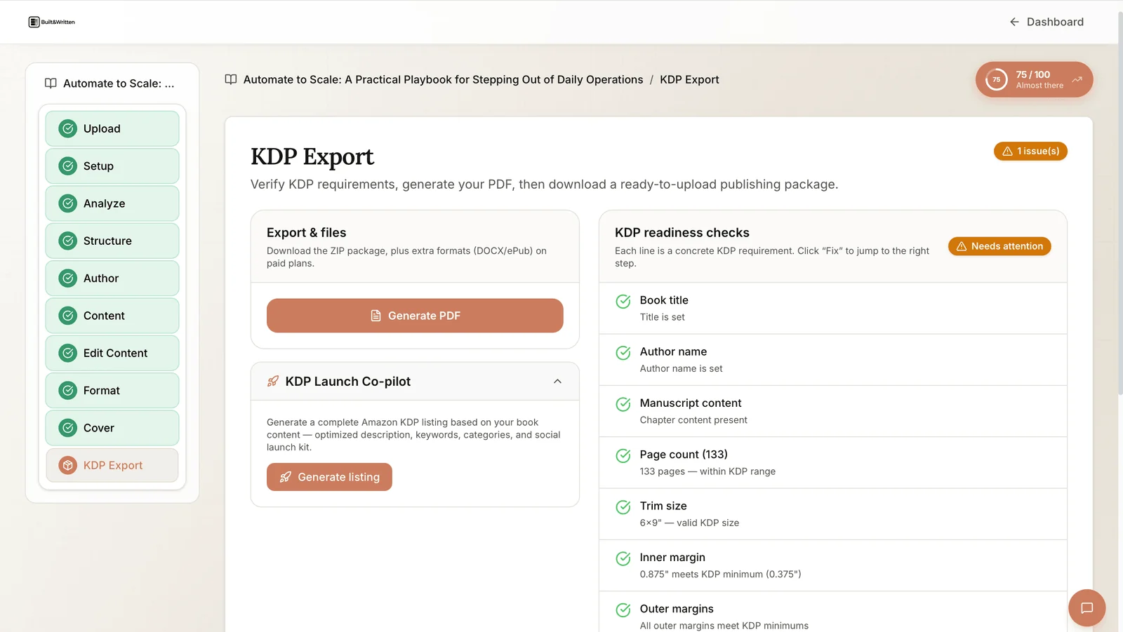 Built&Written KDP Export screen running automated readiness checks on title, margins, trim size, and page count