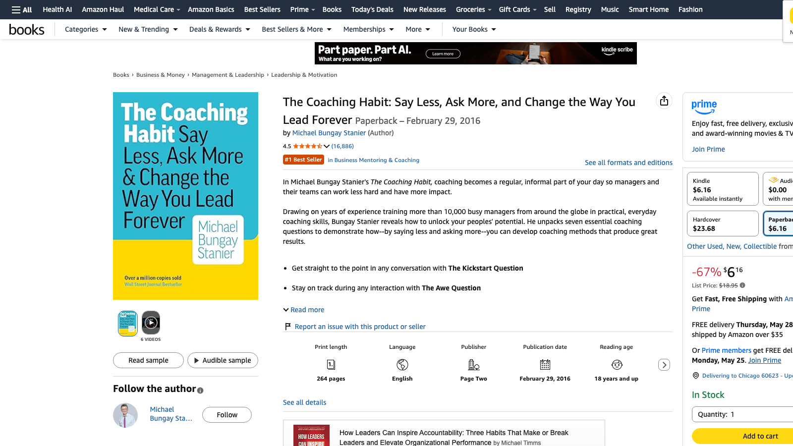 Amazon product listing for The Coaching Habit by Michael Bungay Stanier, a coaching book that has sold over a million copies and continues to feed inbound consulting demand