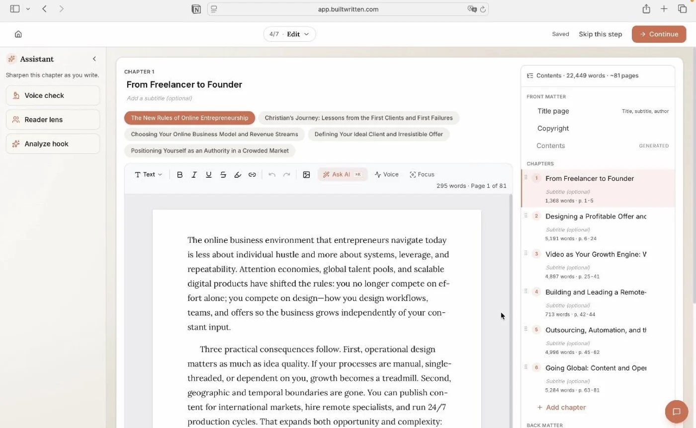 A drafted chapter open in Built&Written's editor, with Voice check, Reader lens, and Analyze hook tools in the left sidebar and the full chapter list on the right.