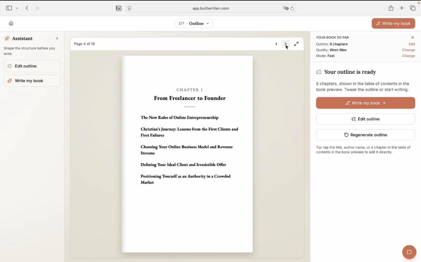 Built&Written's Wren showing a finished book outline: Chapter 1 titled From Freelancer to Founder with six chapters listed in the preview, and a Write my book button in the sidebar.