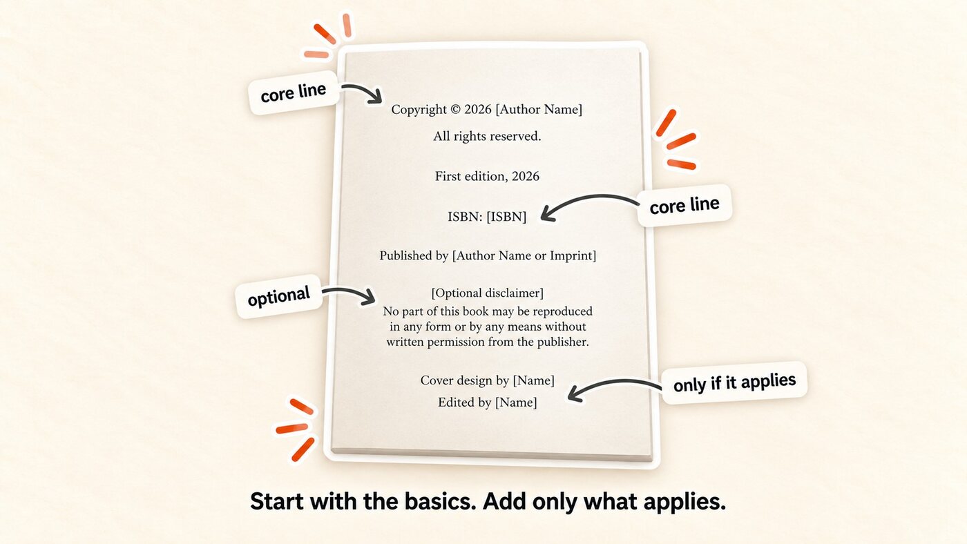 The copyright page template on a book page, with the copyright line and ISBN labeled core lines, the disclaimer labeled optional, and the credits labeled only if it applies