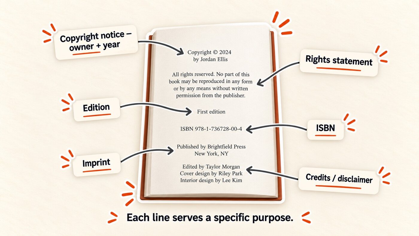 A sample copyright page with each line labeled: copyright notice with owner and year, rights statement, edition, ISBN, imprint, and credits or disclaimer