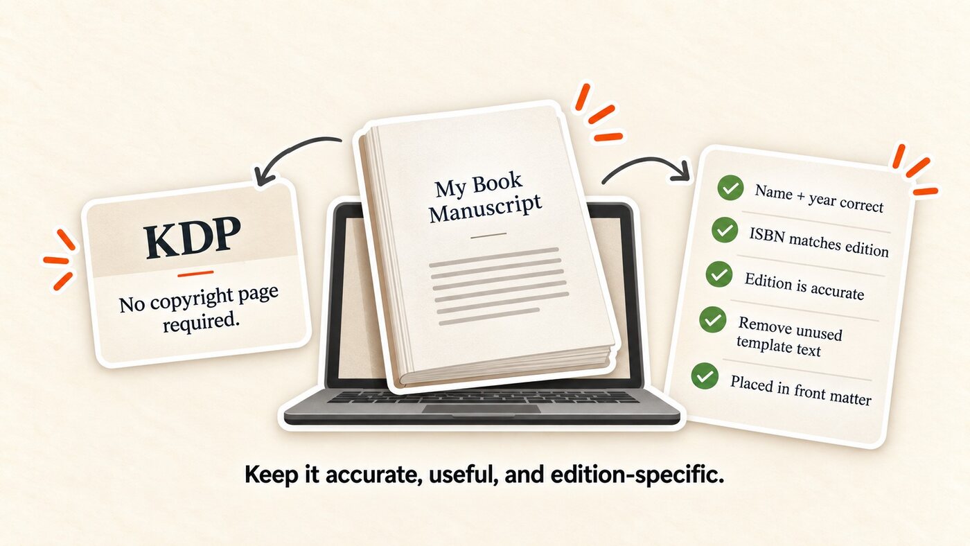 A KDP card reading no copyright page required, next to a manuscript and a checklist: name and year correct, ISBN matches edition, edition is accurate, remove unused template text, placed in front matter