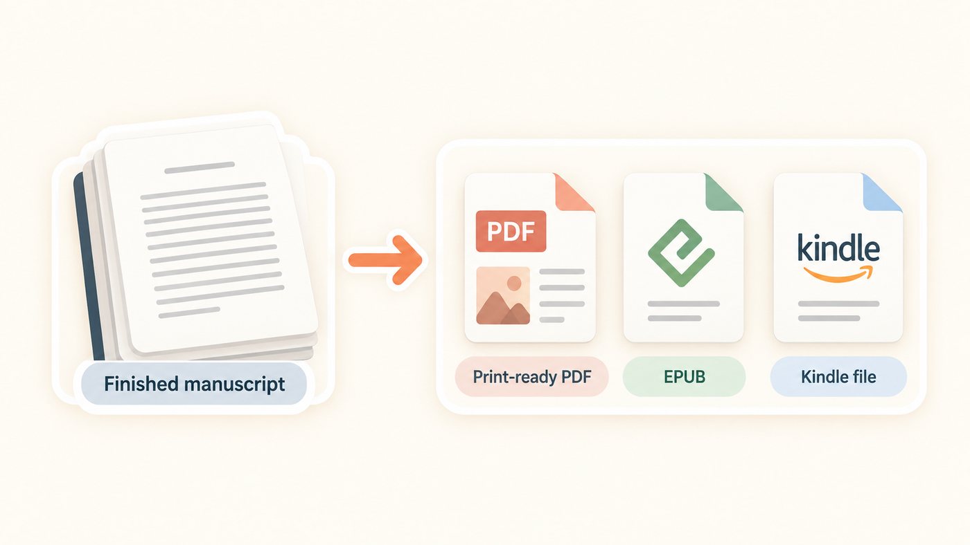 Diagram of a finished manuscript with an arrow pointing to the three files a formatter delivers: a print-ready PDF, an EPUB, and a Kindle file