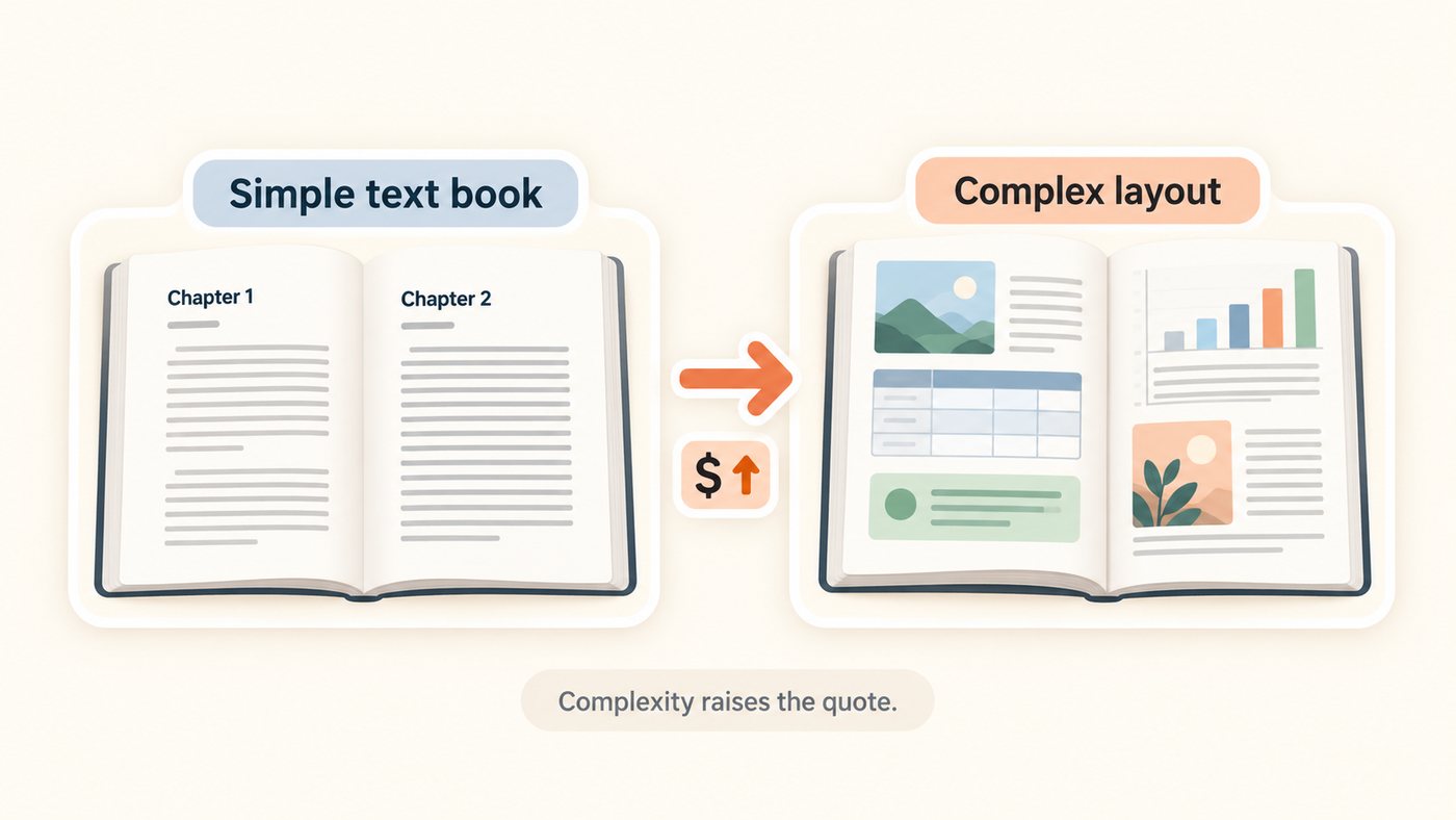 Two open books side by side: a simple text book with plain Chapter 1 and Chapter 2 pages, and a complex layout with photos, a table, a bar chart, and a callout box, joined by an arrow and a rising dollar sign