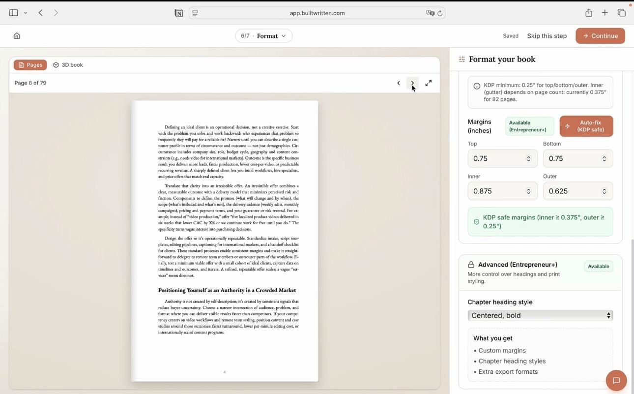Built&Written margin settings of 0.75 inch top and bottom, 0.875 inner, and 0.625 outer, with an Auto-fix (KDP safe) button and a KDP safe margins check, beside a live interior page preview