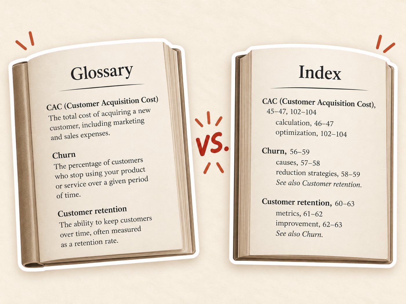 Two open books side by side marked VS: a Glossary page defining CAC, churn, and customer retention, and an Index page listing the same terms with page numbers, subentries, and See also references