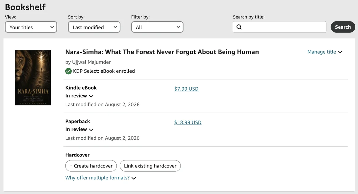 A finished manuscript uploaded to the Amazon KDP Bookshelf as both a Kindle eBook and a paperback