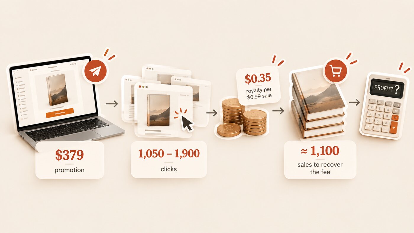 The BookBub math for a Business deal: $379 promotion, 1,050 to 1,900 clicks, a $0.35 royalty per $0.99 sale, and about 1,100 sales needed to recover the fee
