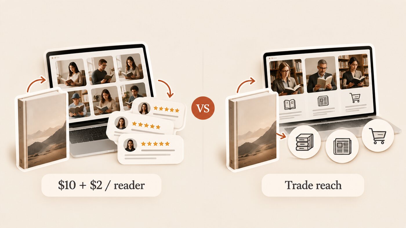 Two review routes compared: reader reviews at $10 plus $2 per reader versus trade reach to librarians and booksellers