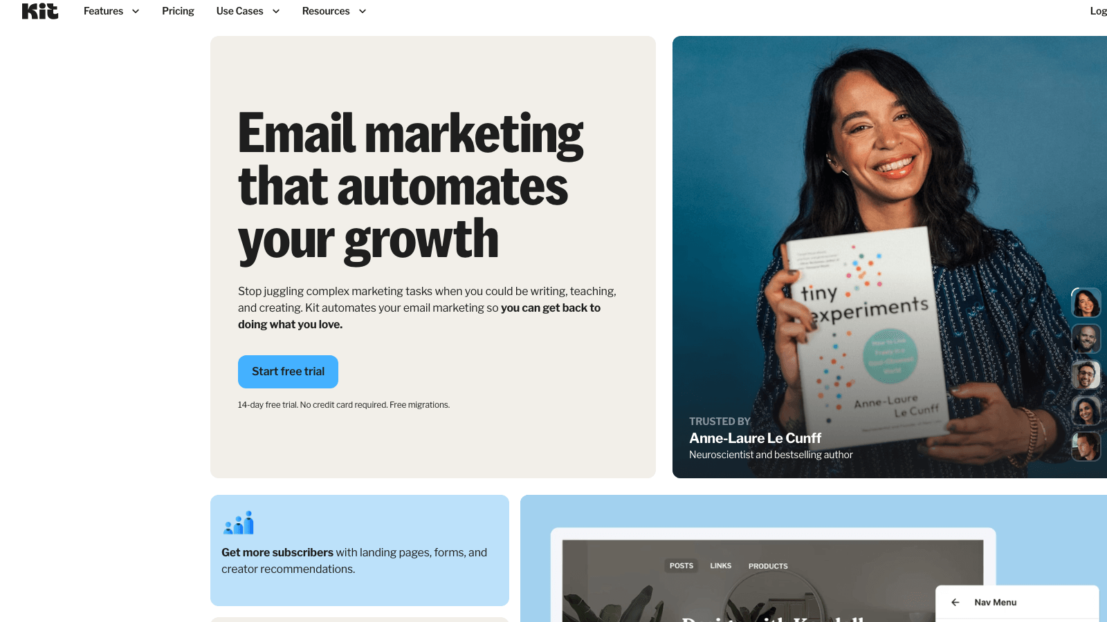 Kit (ConvertKit) homepage showing email marketing platform commonly used by author-coaches