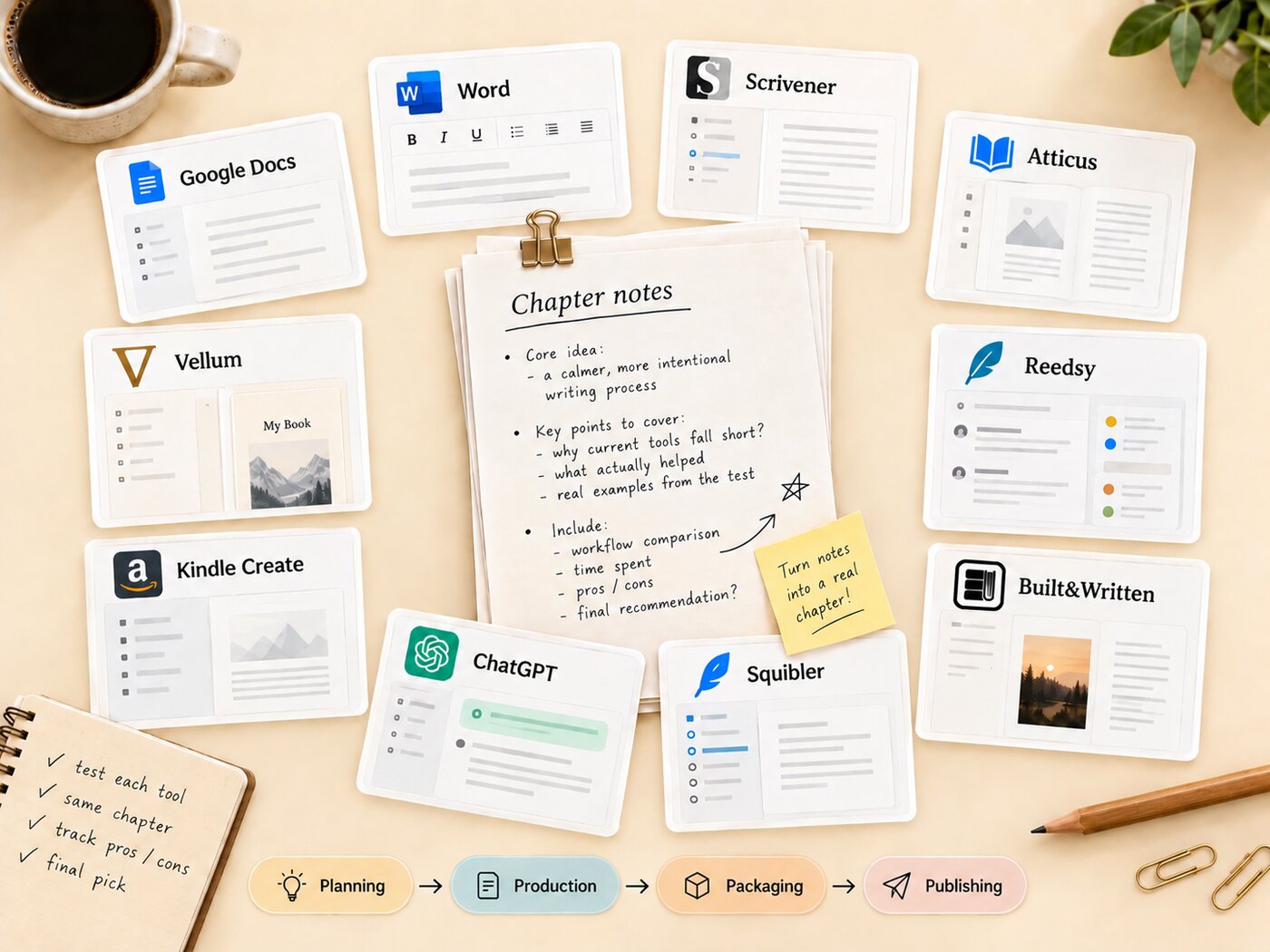 Chapter notes in the center surrounded by ten book writing programs, Google Docs, Word, Scrivener, Atticus, Vellum, Reedsy, Kindle Create, ChatGPT, Squibler, and Built&Written, above the four stages Planning, Production, Packaging, and Publishing