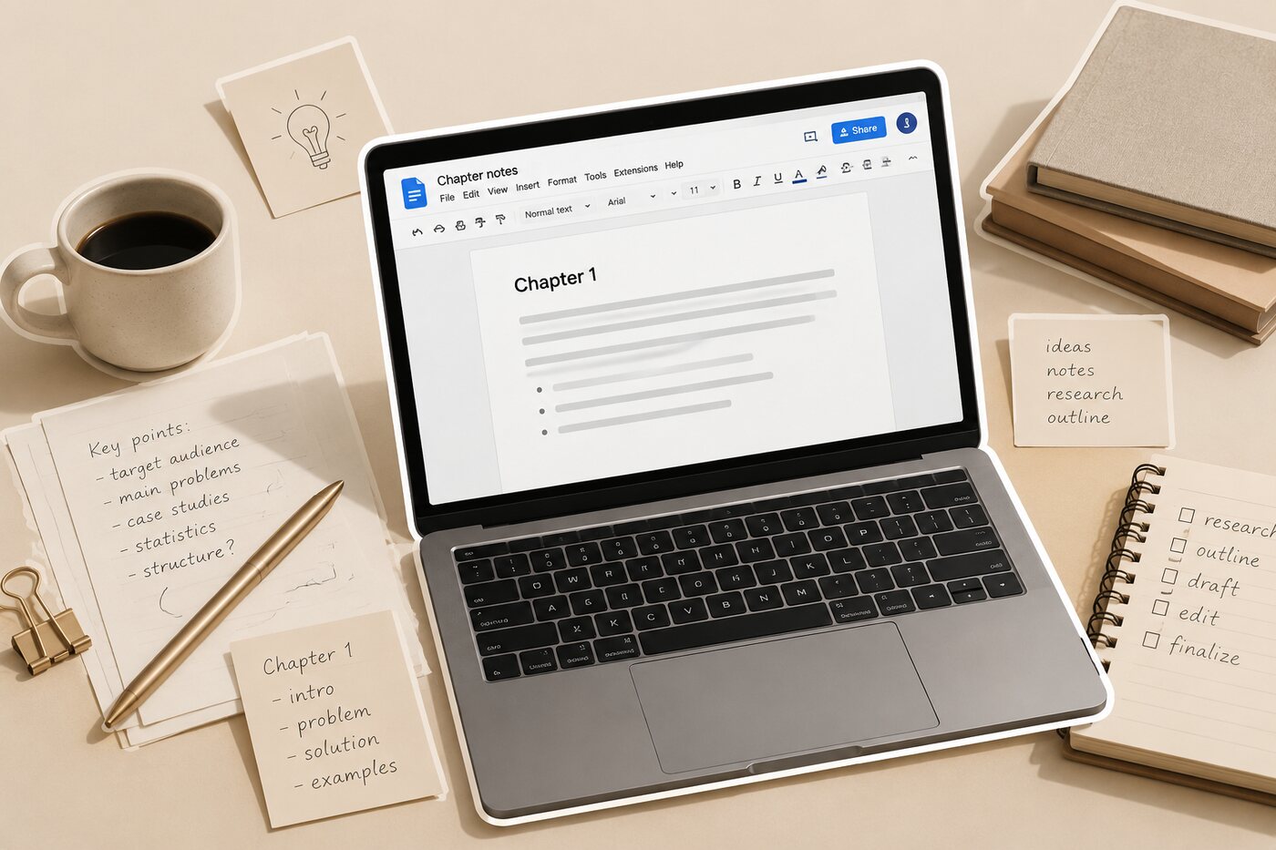 A laptop showing a Google Docs page titled Chapter 1 next to handwritten chapter notes and a coffee cup