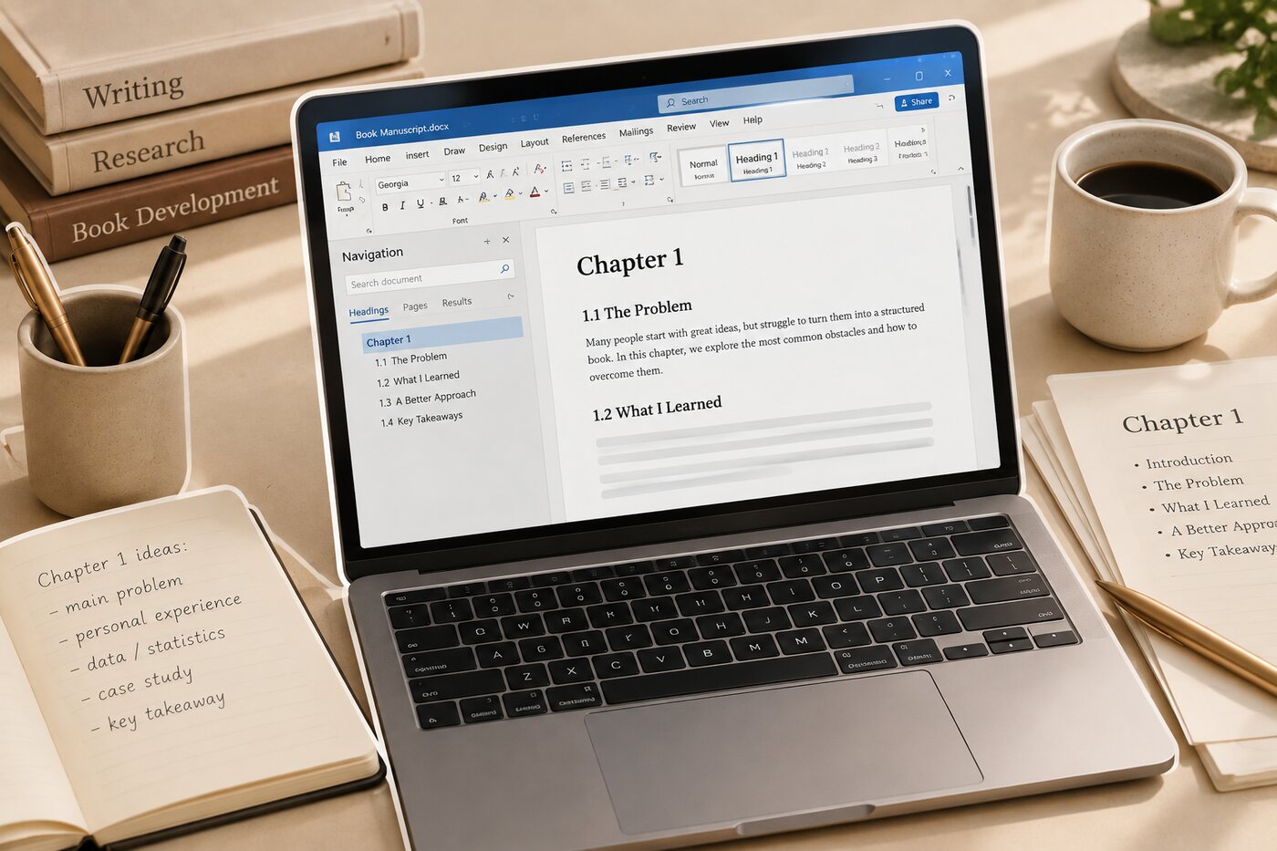A laptop showing Microsoft Word with a Chapter 1 heading, a navigation pane, and styled subheadings