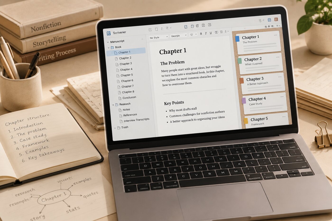 A laptop showing Scrivener with the binder listing chapters and corkboard cards for reordering sections