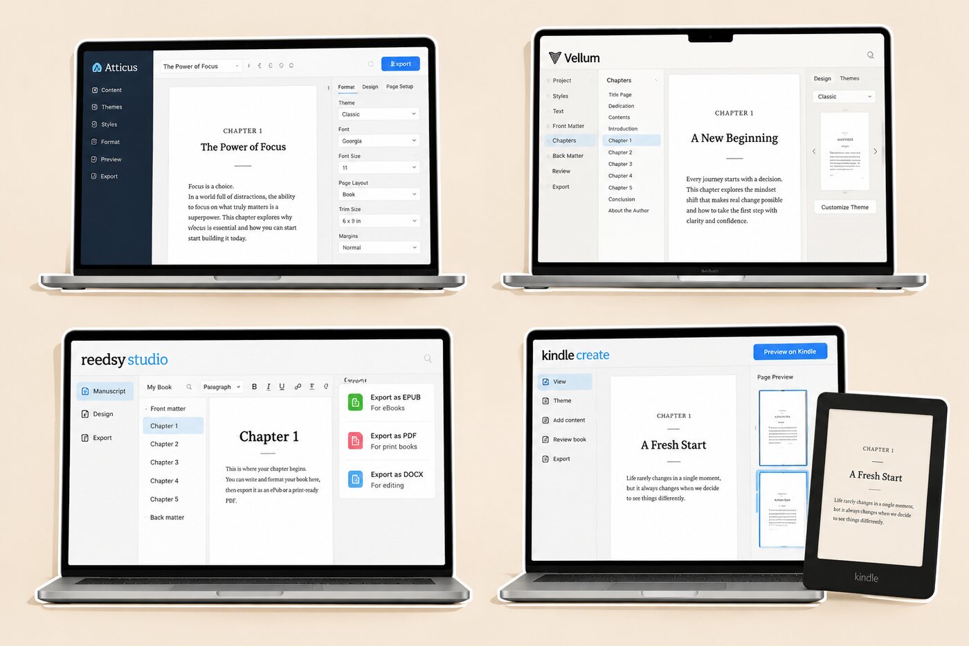 Four laptop and tablet screens showing Atticus, Vellum, Reedsy Studio, and Kindle Create formatting the same chapter