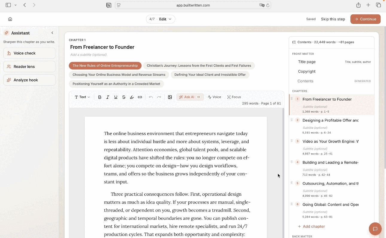Built&Written chapter editor with a drafted chapter in the center and the whole book's contents and page count in the right-hand panel