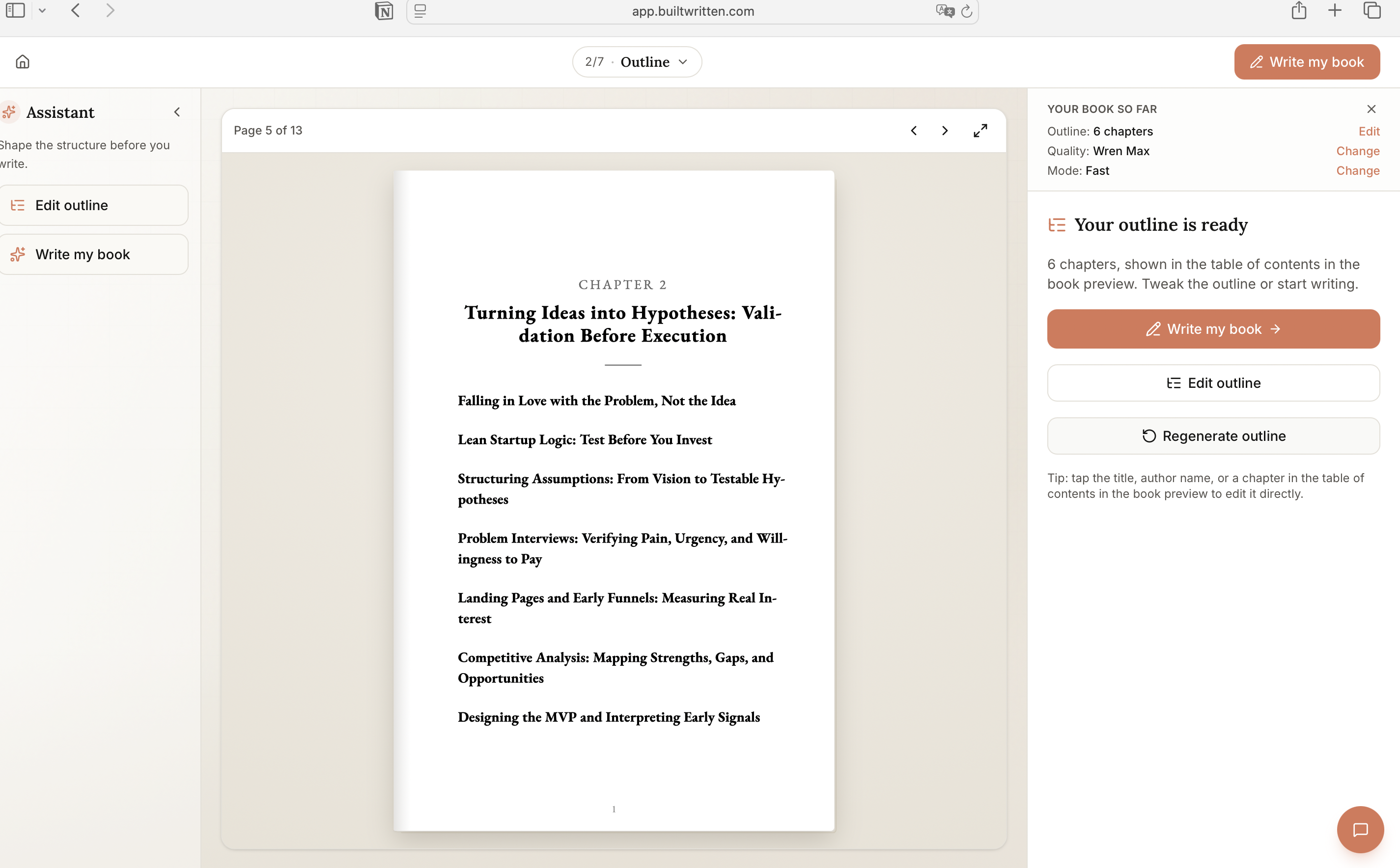 Wren in Built&Written turning client-call notes and old posts into a structured 6-chapter outline