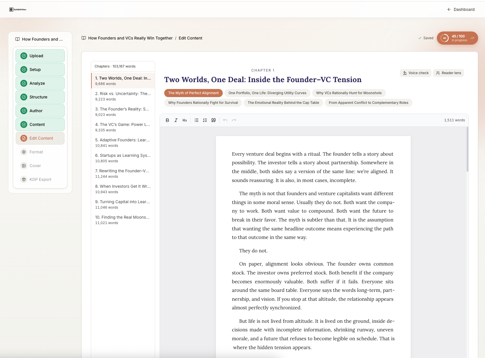 Built&Written chapter editor with chapter title and editable manuscript content