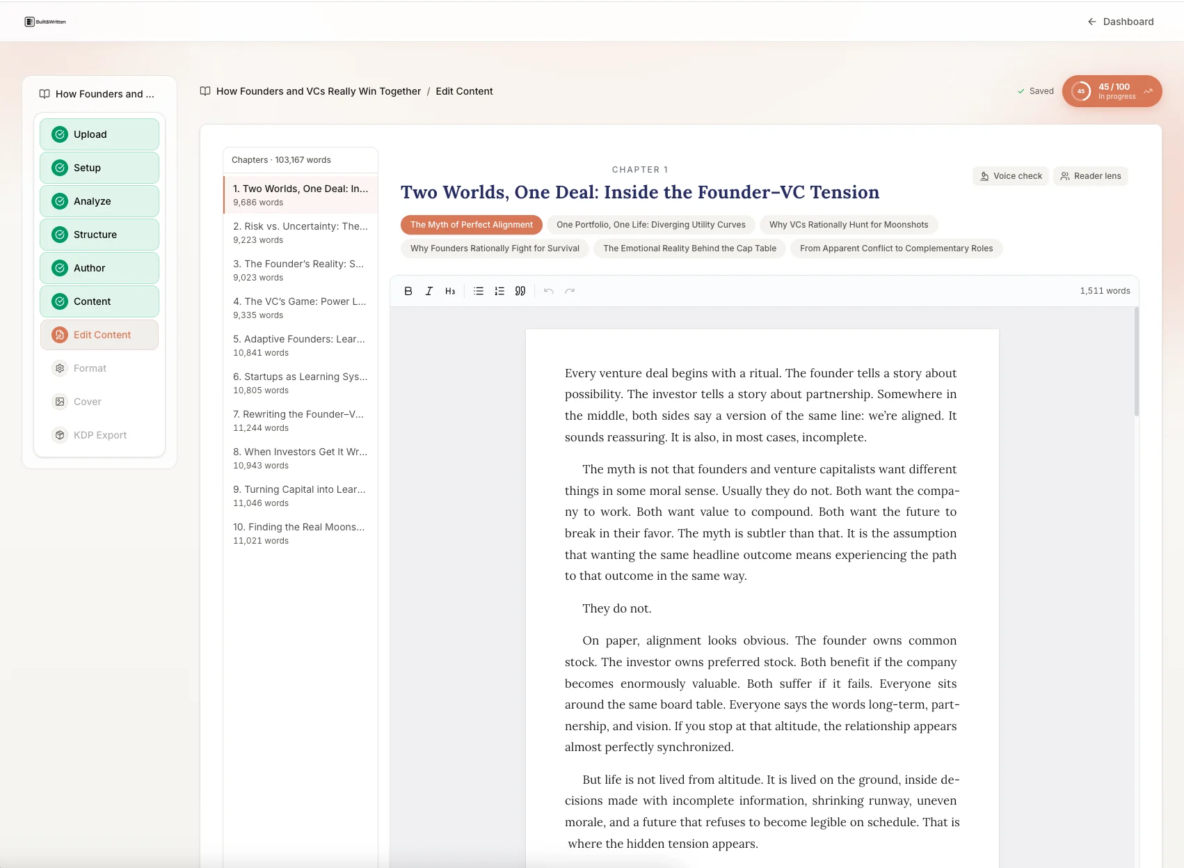 Built&Written: chapter editor with hook category badges visible at top