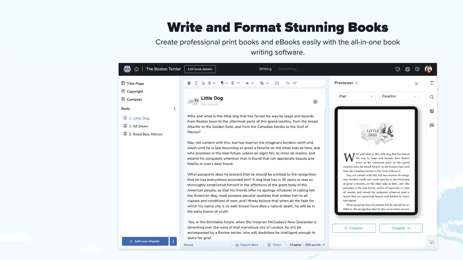 Atticus dot io homepage showing Write and Format Stunning Books with screenshot of the writing and previewer interface and an iPad preview pane on the right