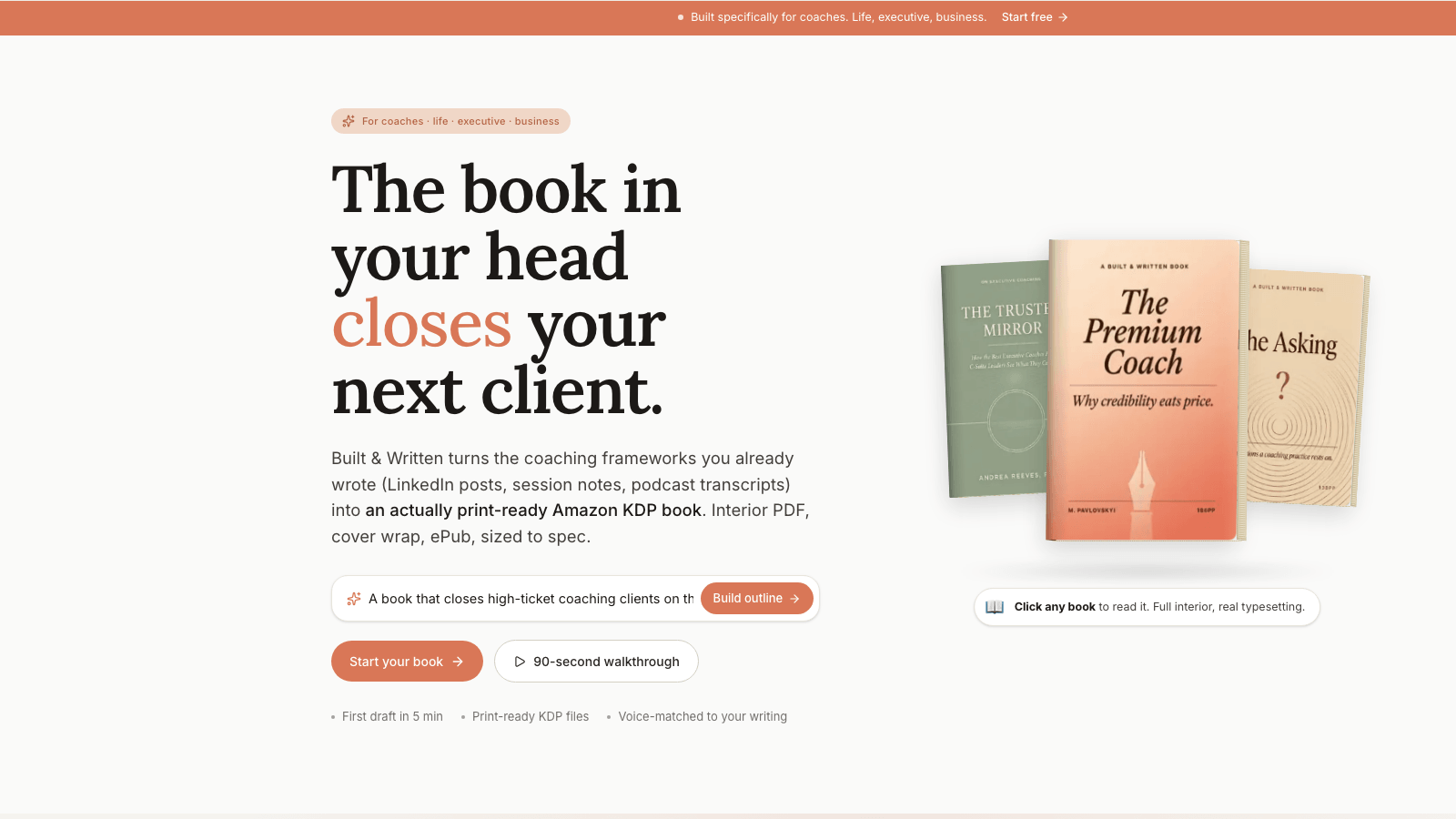 Built and Written coaches page showing the hero text The book in your head closes your next client with three sample coach book covers titled The Premium Coach, The Trusted Mirror, and The Asking laid out on a table