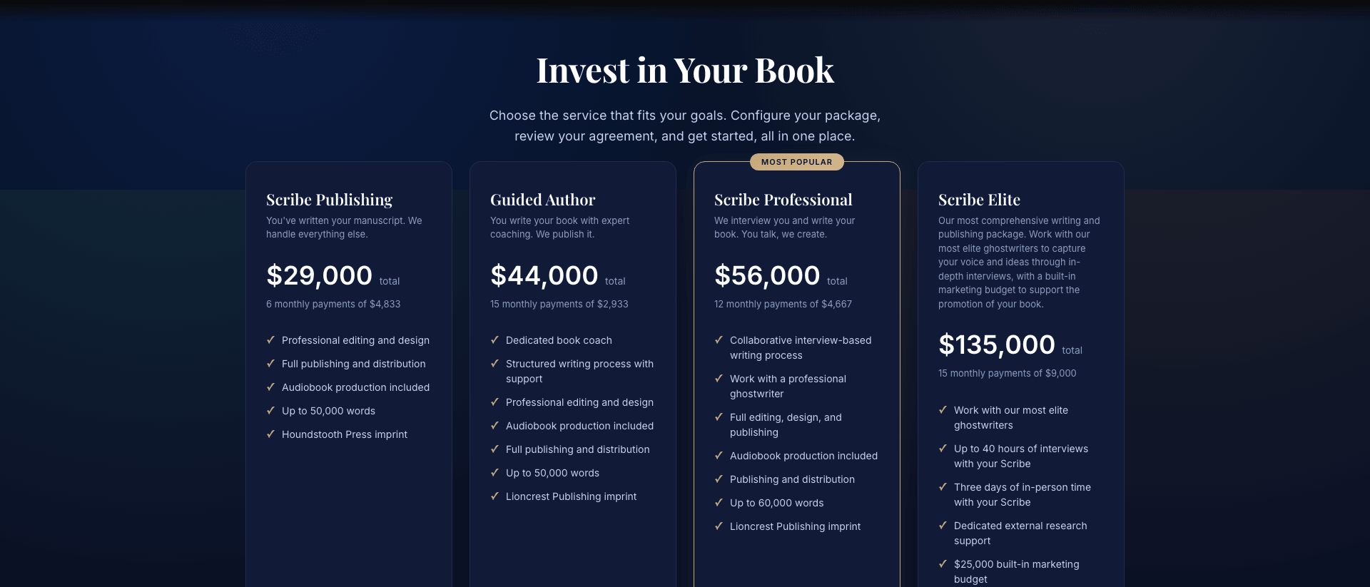 Scribe Media pricing page showing four ghostwriting and publishing packages from $29,000 to $135,000 in 2025