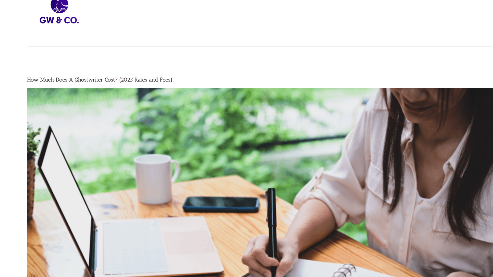 Ghostwriters and Co rate guide page showing 2025 book ghostwriting costs of $30,000 to $80,000 for nonfiction