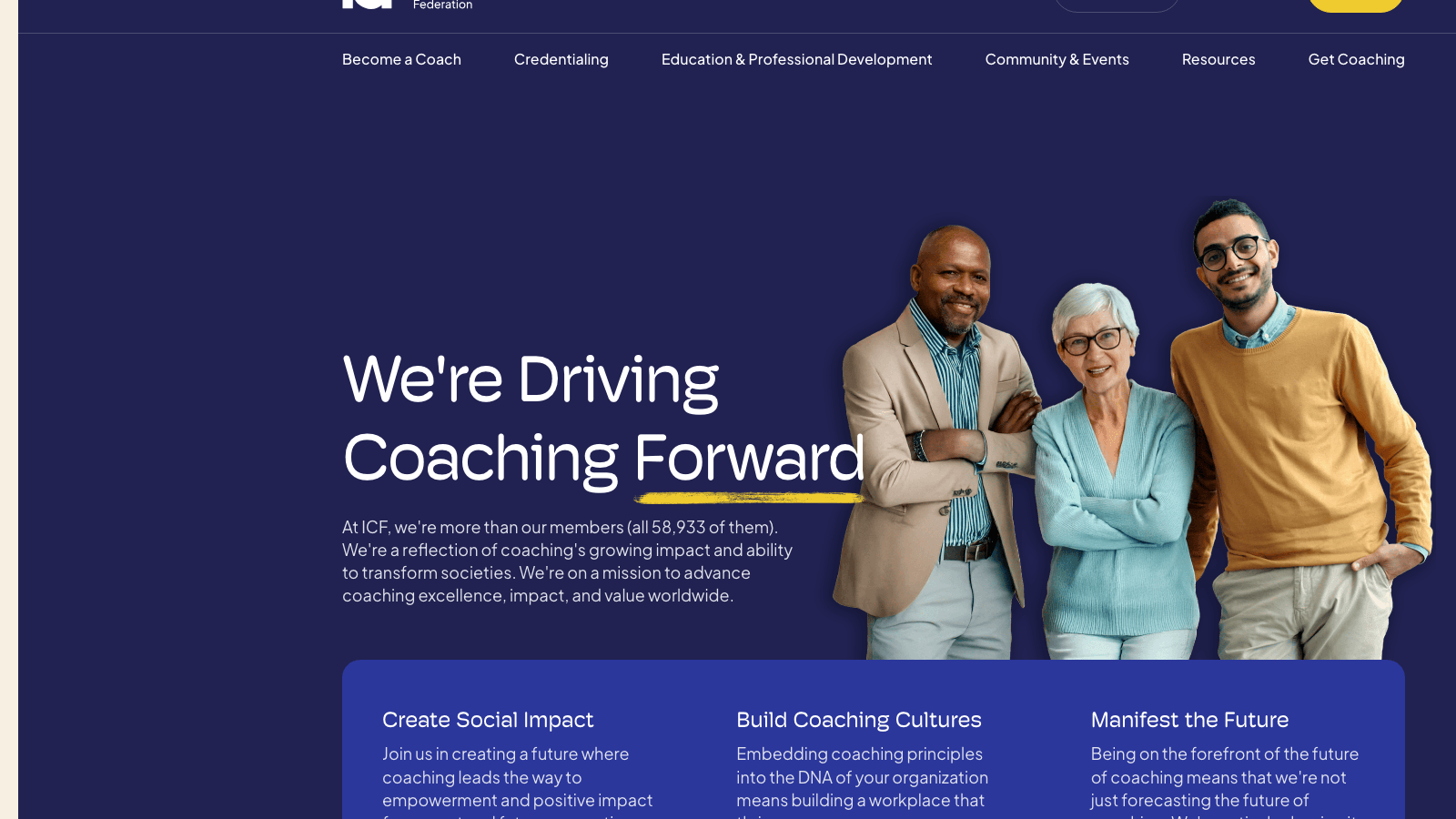 International Coaching Federation homepage, the credentialing body for the coaching profession