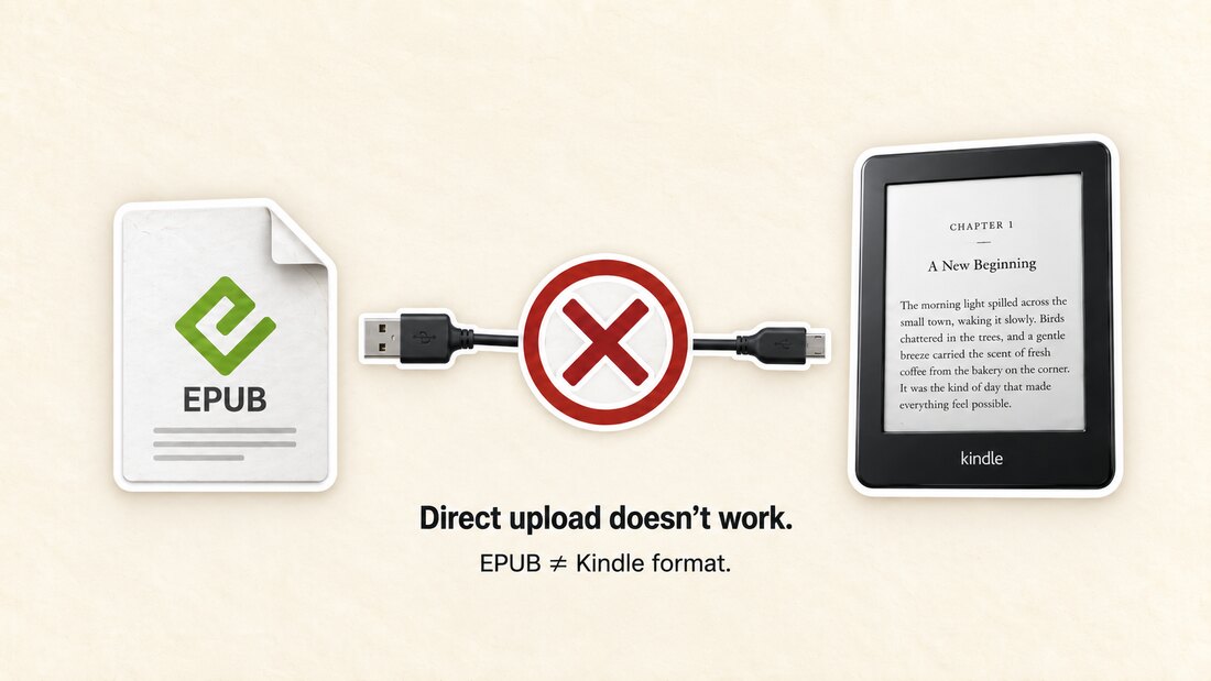 Diagram showing an EPUB file connected to a Kindle by USB cable with a red X, captioned that direct upload does not work because EPUB does not equal Kindle format.