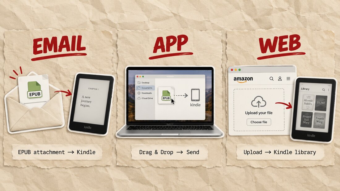Three panels labeled Email, App, and Web showing an EPUB attachment going to a Kindle, a drag and drop into the desktop app, and an upload through the Send to Kindle web page.