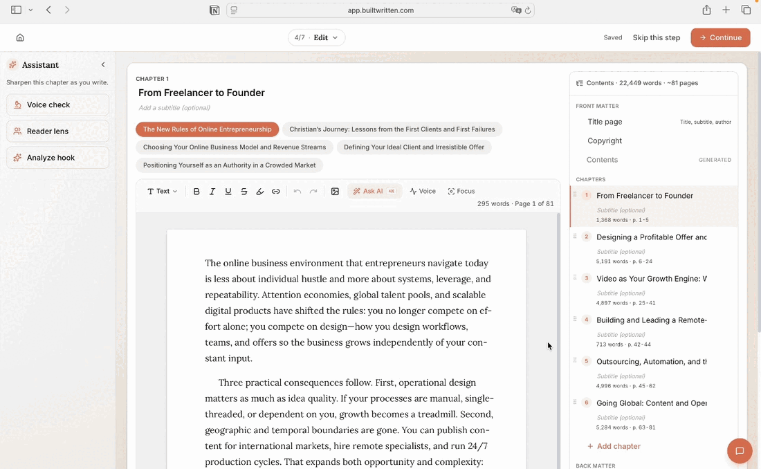 The Built&Written Wren editor with the manuscript in the center pane, chapter list and word counts on the right, and voice check and reader lens tools on the left.