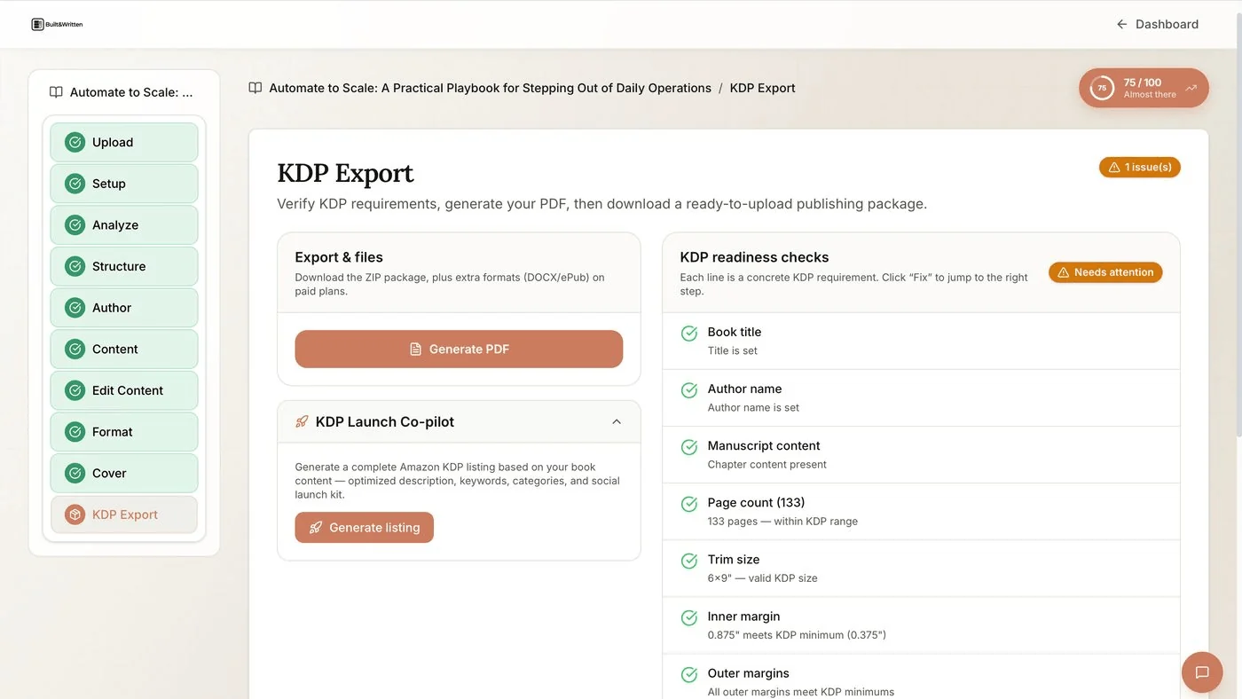 Der KDP-Export von Built and Written prüft Endformat, Ränder und Seitenzahl