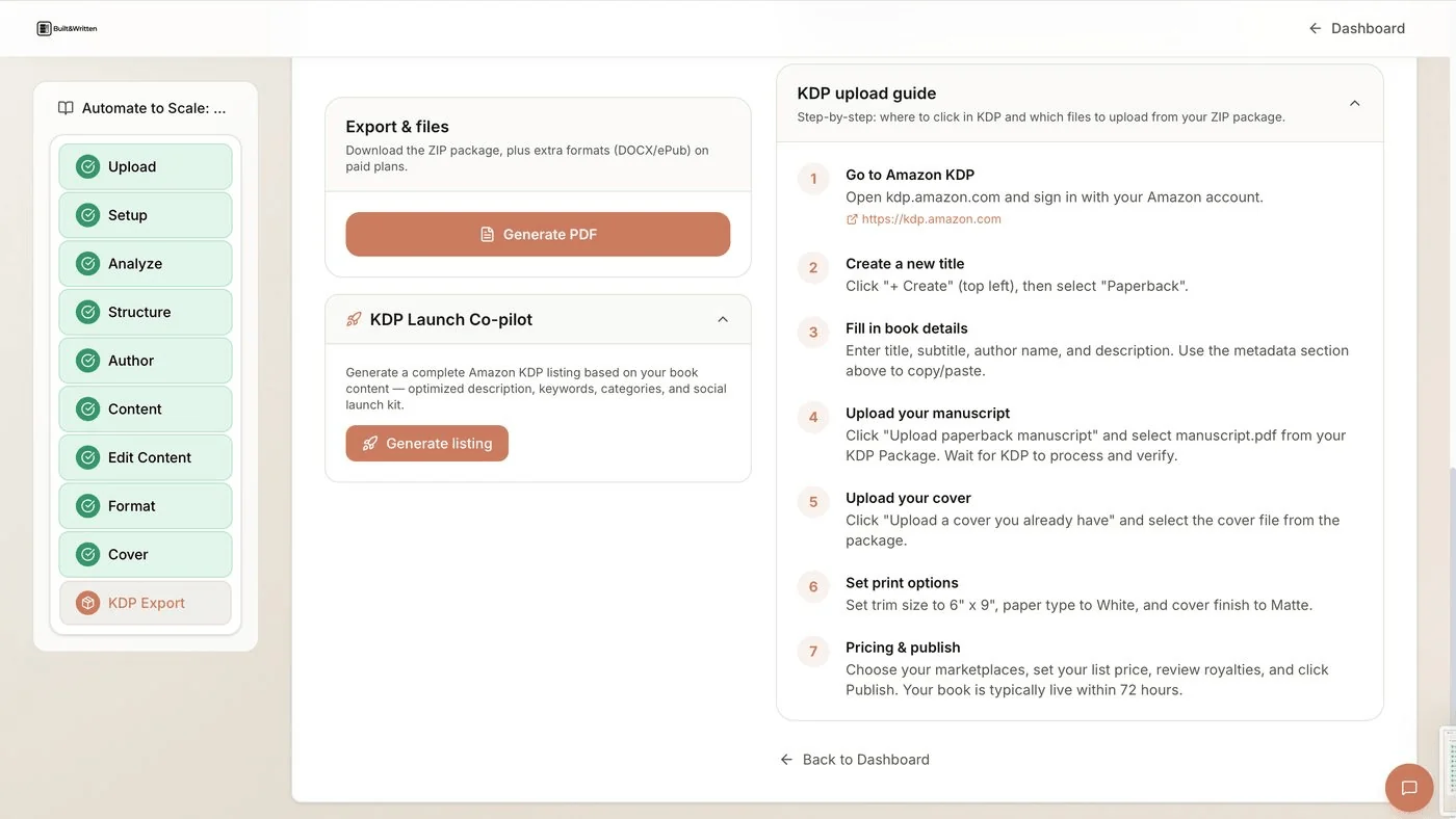 Schritt-für-Schritt-Anleitung für den Upload bei KDP in Built and Written mit sieben Schritten von der Anmeldung bis zur Veröffentlichung