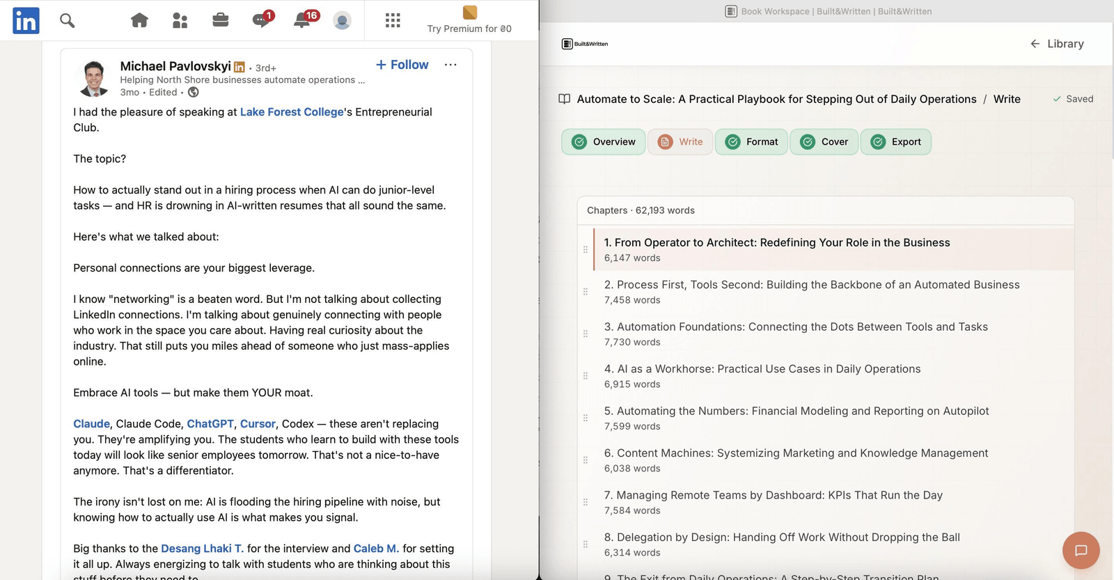 LinkedIn post shown beside the Built&Written chapter structure generated from it