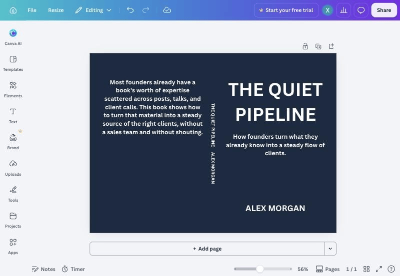 Canva editor showing The Quiet Pipeline test cover on one dark navy page: back cover blurb on the left, the rotated spine title and author name in the middle, and the front title, subtitle, and Alex Morgan on the right