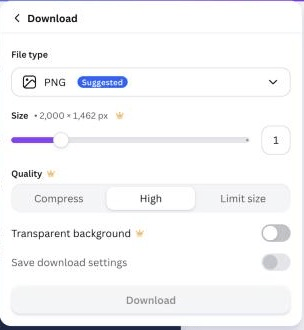 Canva Download panel with PNG selected as the suggested file type, size 2,000 x 1,462 px, quality set to High, and the Download button