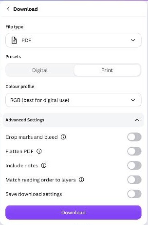 Canva Download panel set to PDF with the Print preset and RGB colour profile, Advanced Settings open, and Crop marks and bleed, Flatten PDF, and the other toggles switched off