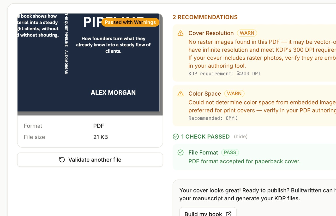 Built&Written KDP cover validator result for Export A: a Passed with Warnings badge on the cover preview, Cover Resolution and Color Space warnings, and File Format passed