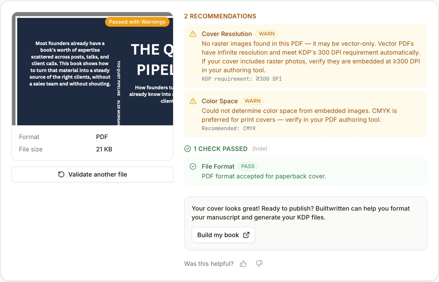 Built&Written KDP cover validator result for Export B, with a white crop-mark margin at the top left of the cover preview, the same Passed with Warnings badge, two warnings, and File Format passed