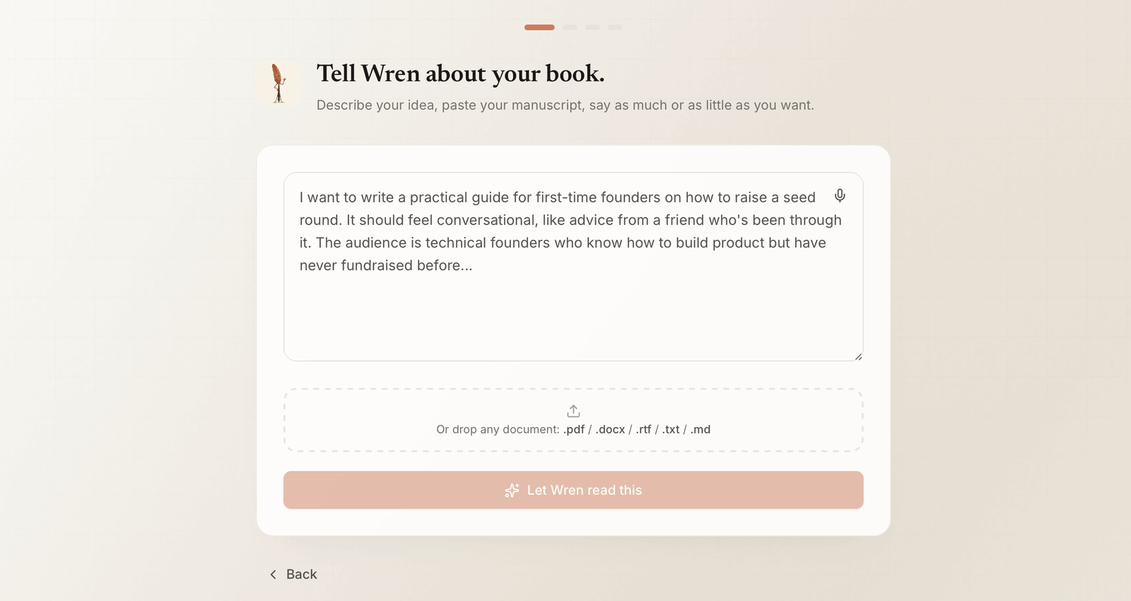 Built&Written Tell Wren about your book screen with a text box describing a book idea and a drop zone for PDF, DOCX, RTF, TXT, or MD files