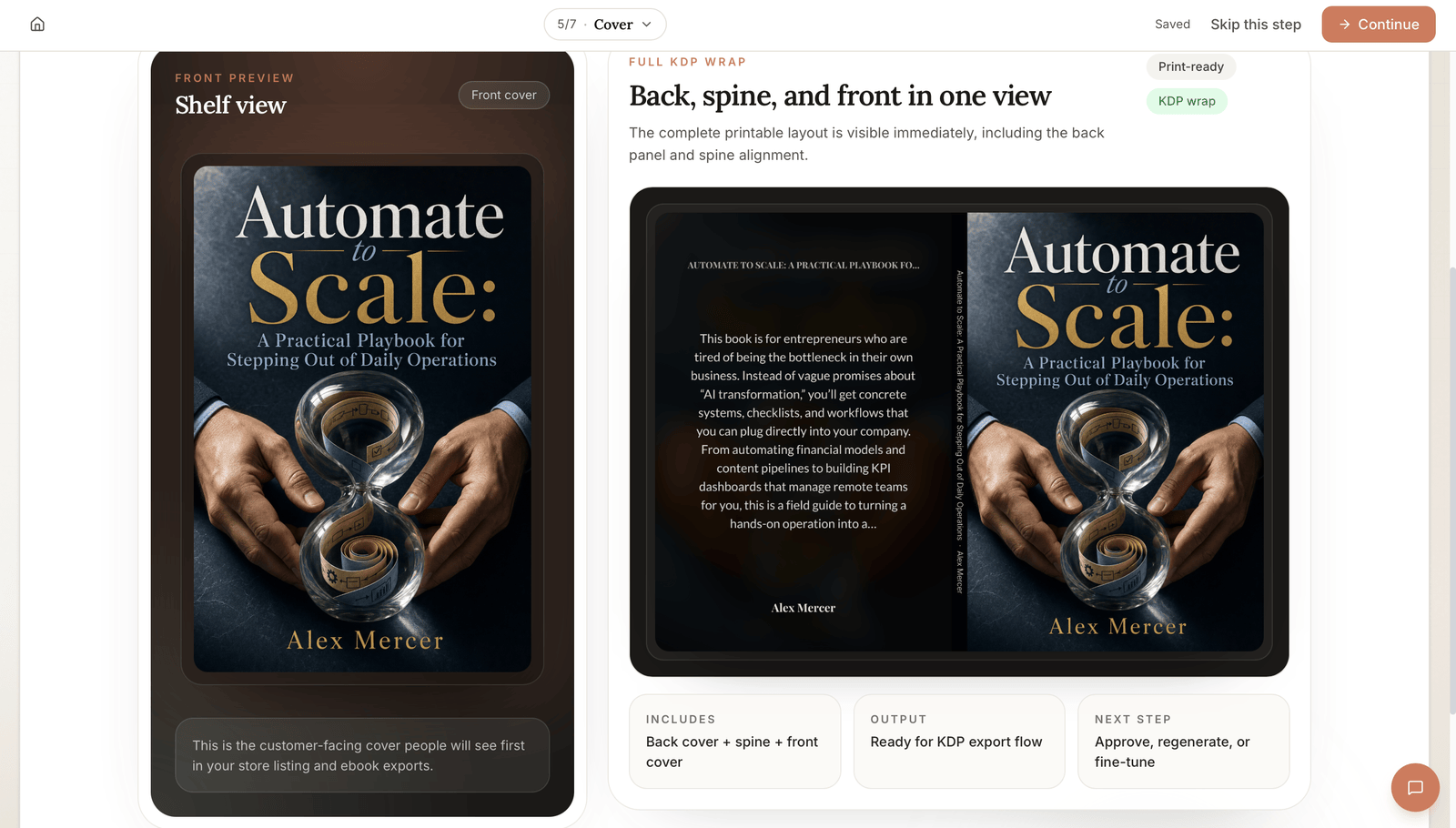 Built&Written Cover step showing the Automate to Scale front cover in a shelf view beside the full KDP wrap with back cover, spine, and front cover in one view