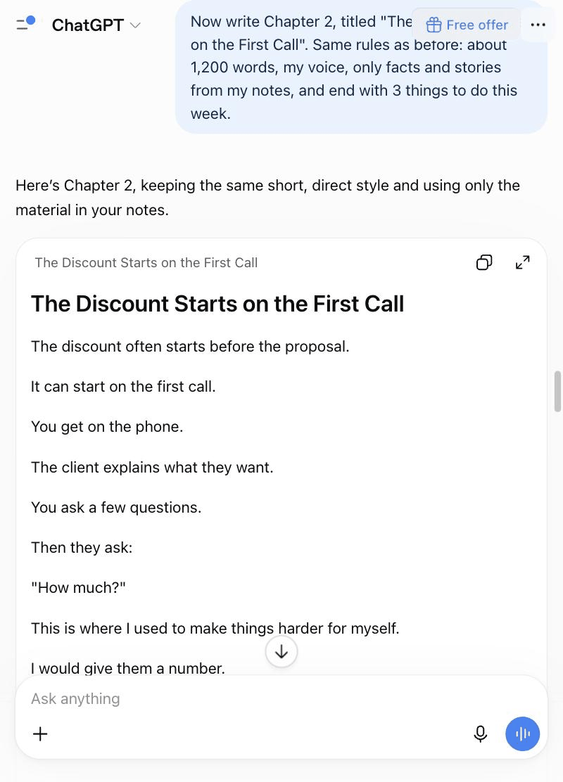 ChatGPT free plan answering the same Chapter 2 prompt with The Discount Starts on the First Call, written as a column of one-sentence lines such as You get on the phone and How much?