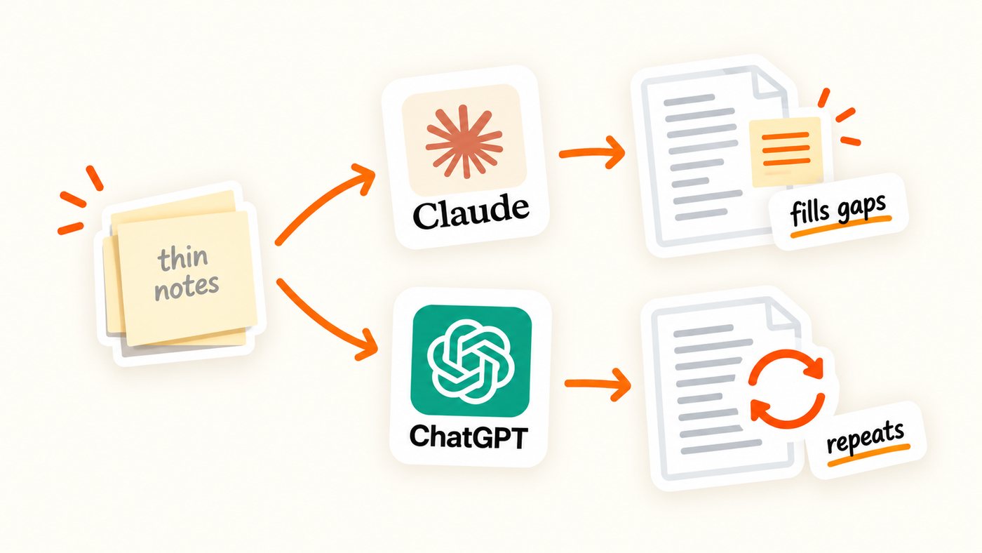 Illustration: a stack of sticky notes labeled thin notes splits into two paths, Claude leading to a document marked fills gaps and ChatGPT leading to a document marked repeats