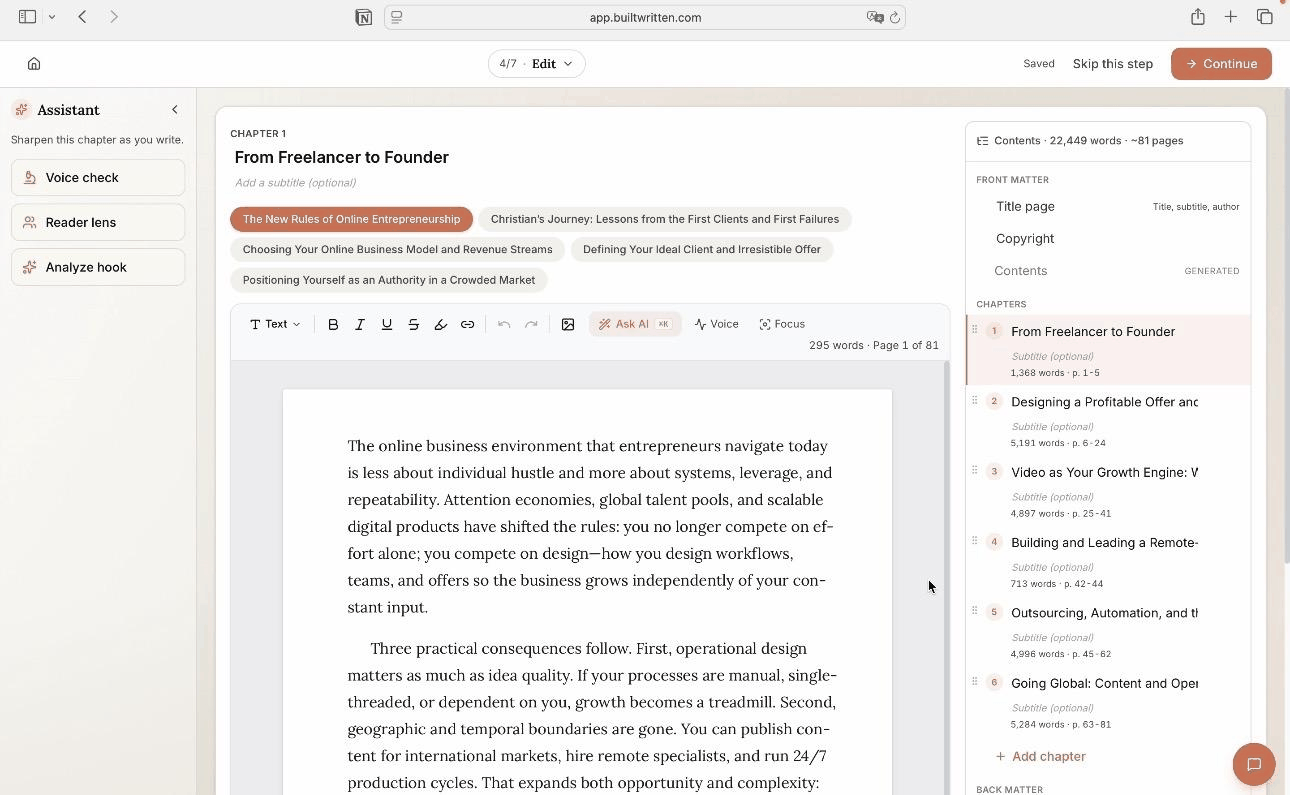 Built&Written editor on Chapter 1 with section tabs above the page, Voice check, Reader lens, and Analyze hook in the assistant panel, and a contents list of six chapters at 22,449 words