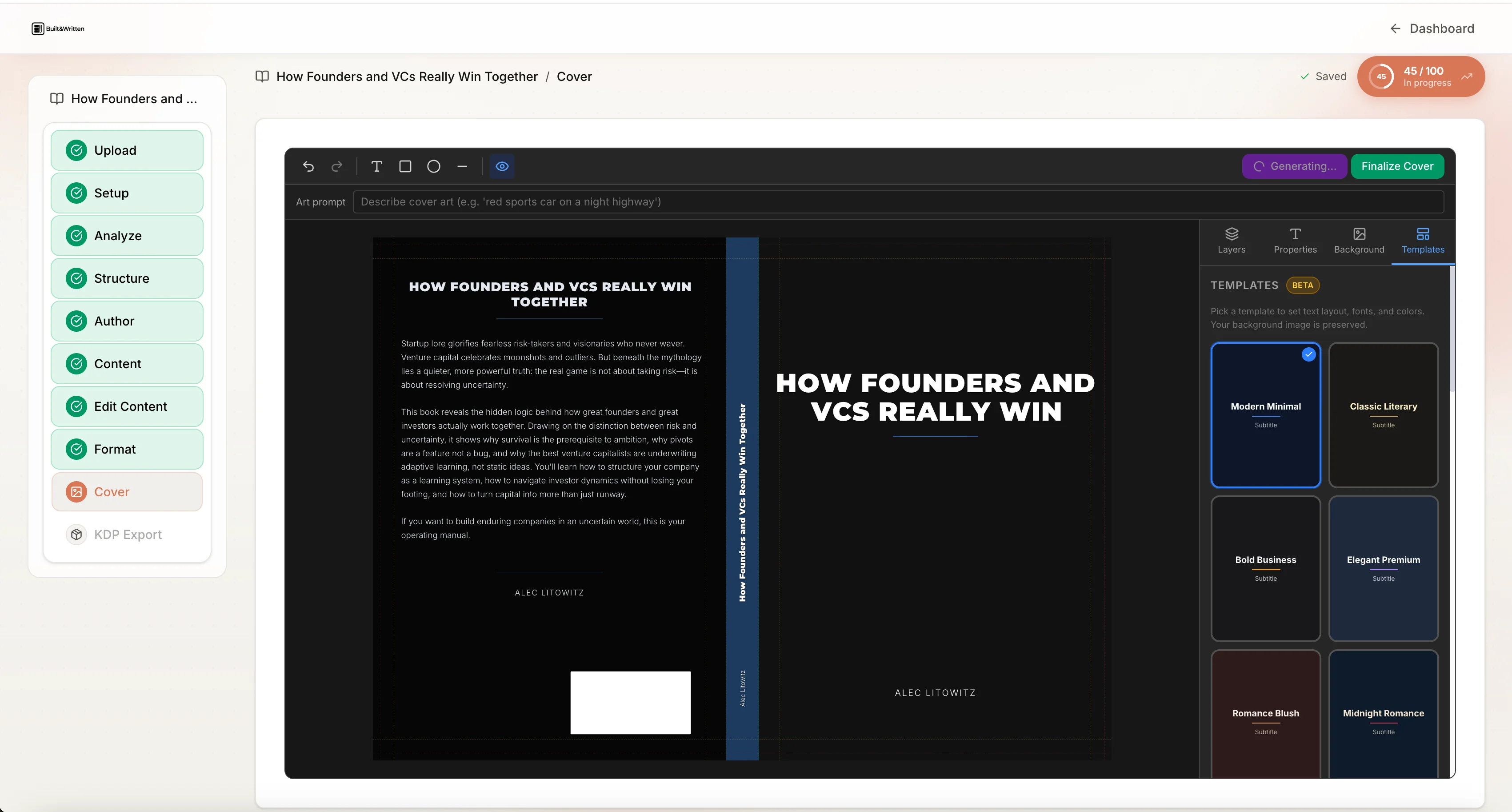 Built&Written: cover designer template panel with Modern Minimal, Classic Literary, Bold Business styles