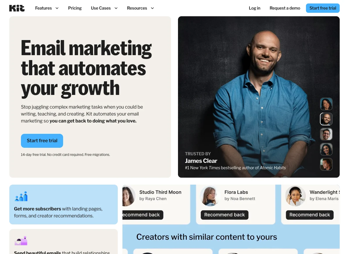 Kit (formerly ConvertKit) homepage with James Clear endorsement
