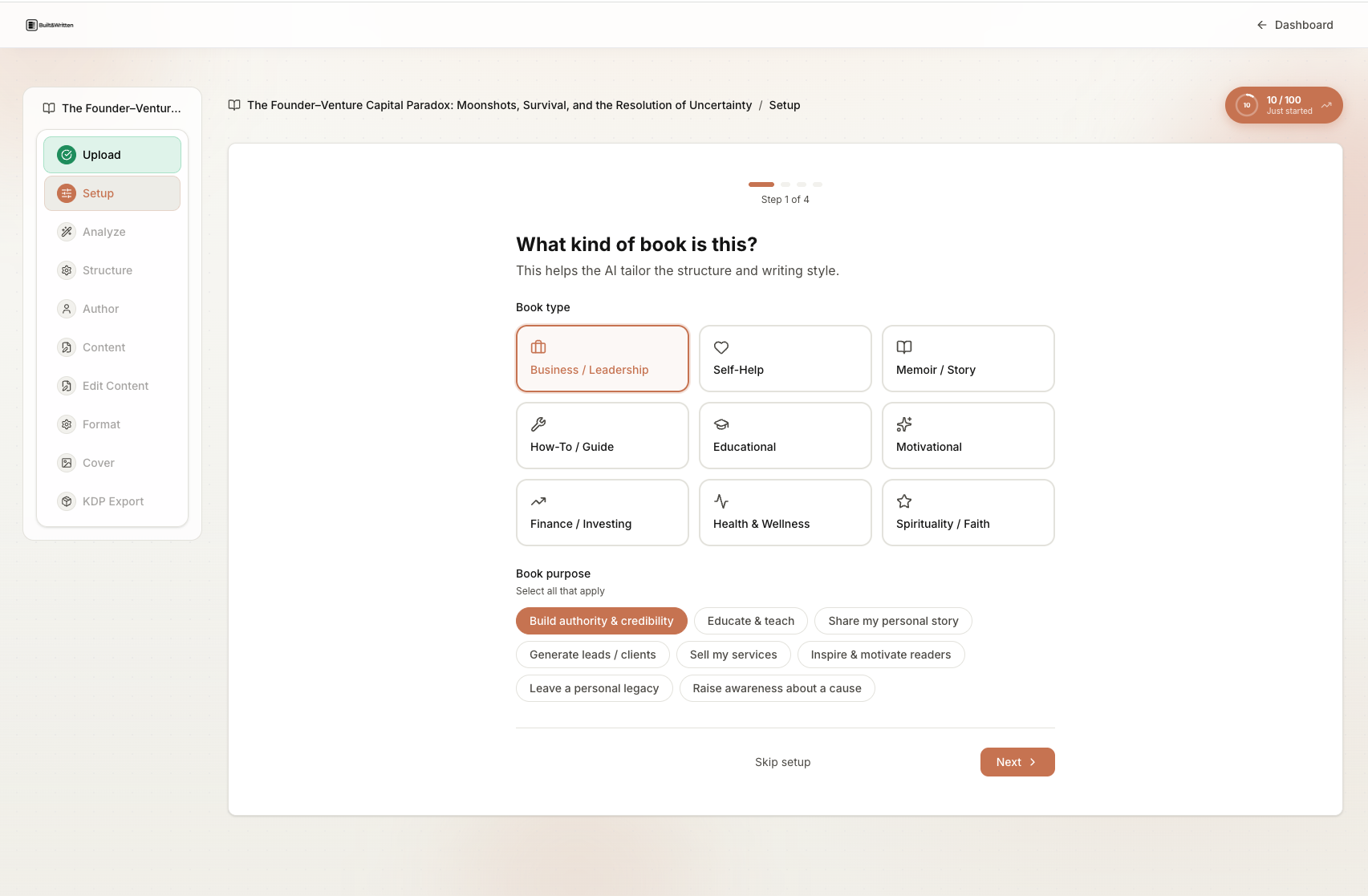 Built&Written setup wizard step 1: choosing a book type