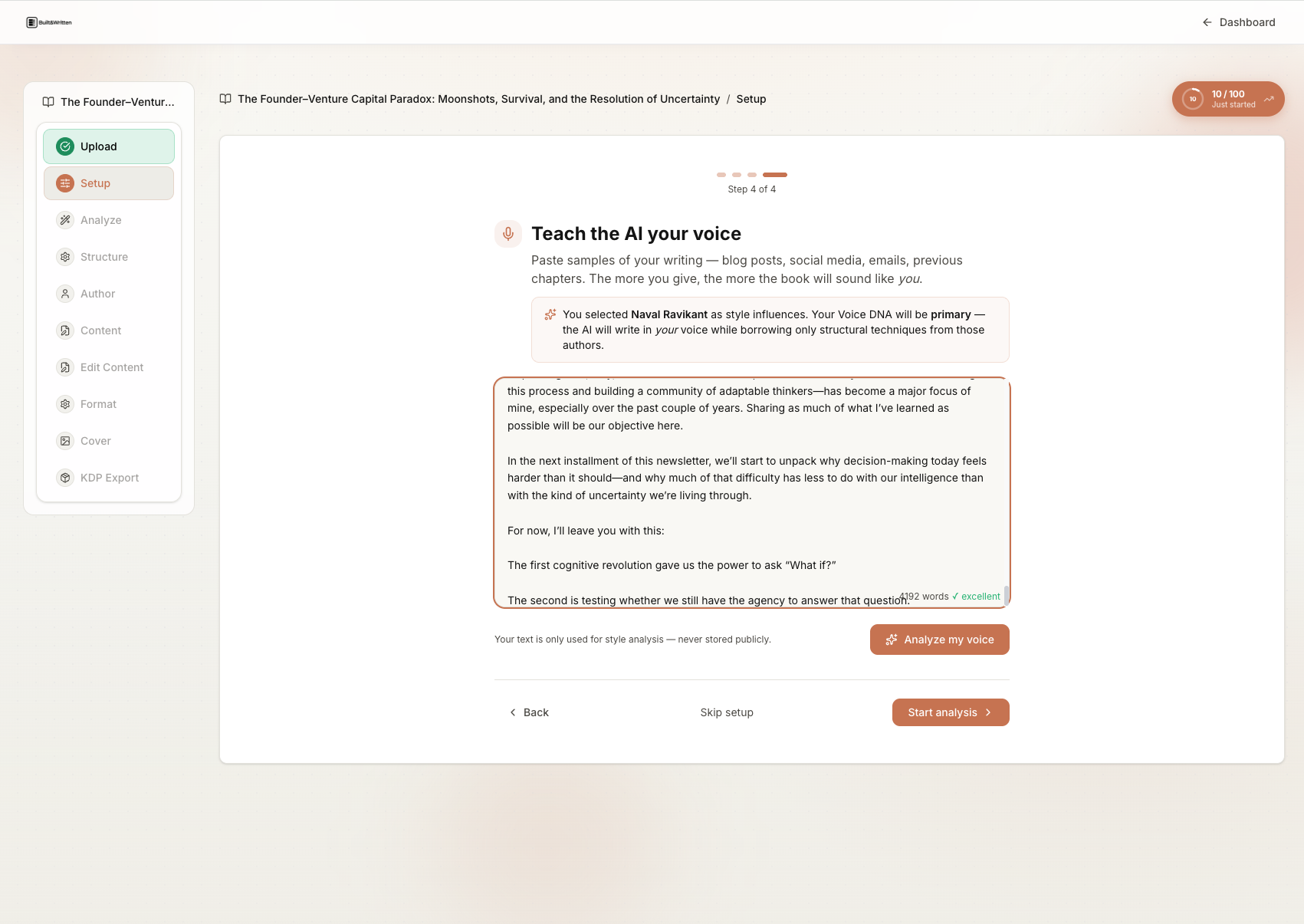 Built&Written: Teach the AI your voice screen with sample text and Naval Ravikant author reference